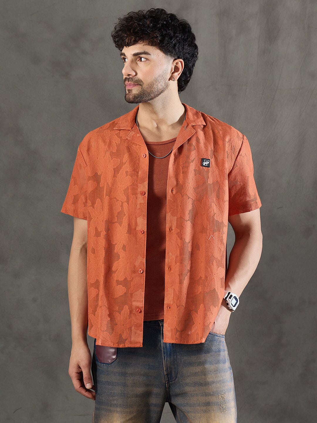 Apricot Dyed Lace Cuban Shirt With Muscle Fit Vest
