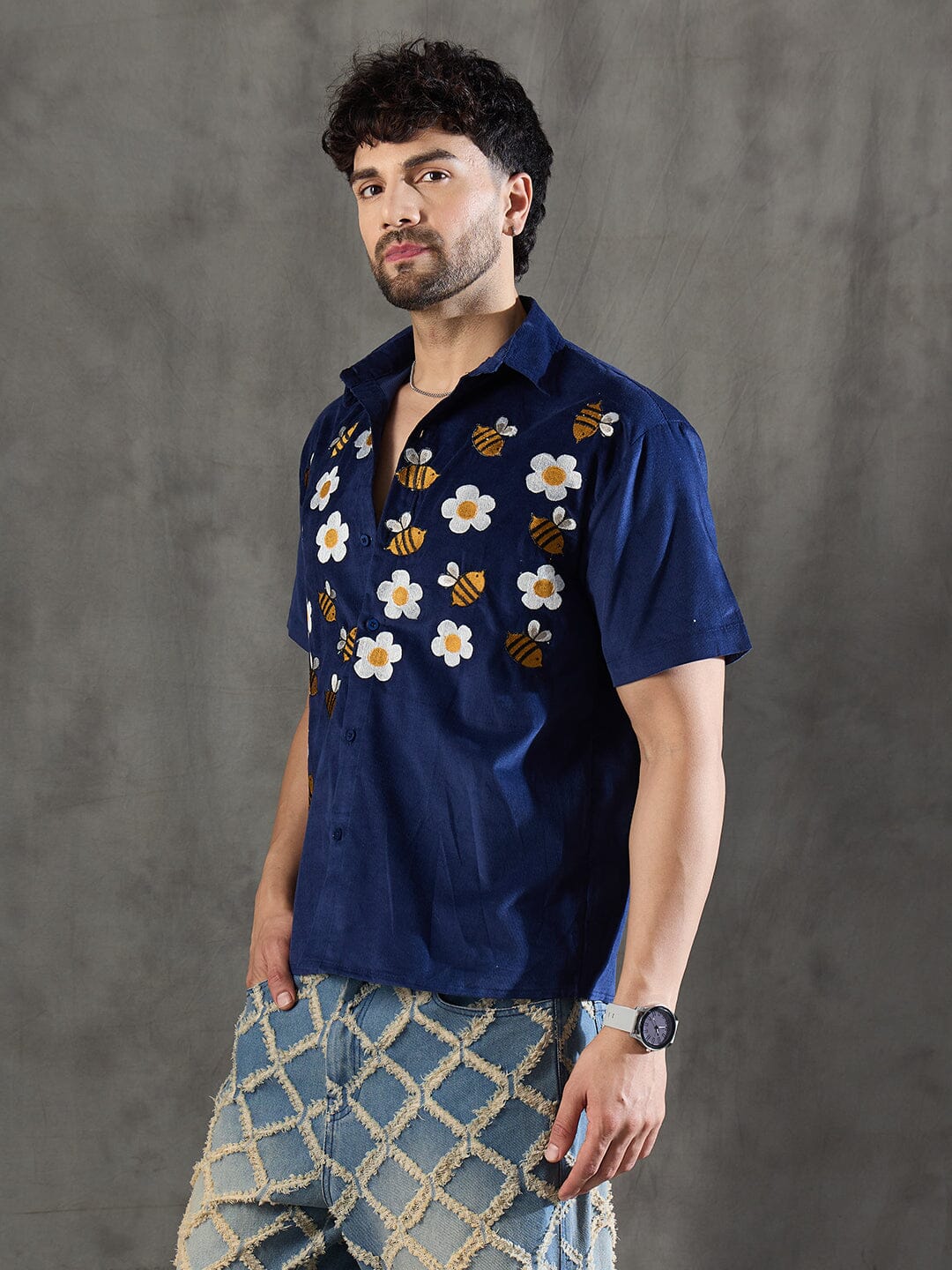 Navy Daisy and Bees Embroidery Corduroy Shirt
