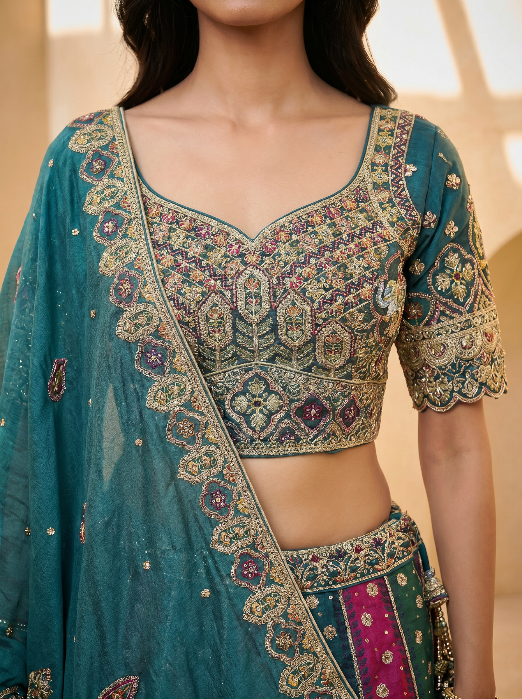 Teal - Position Print Georgette Golden Embroidered Work Ready to Wear Lehenga Choli