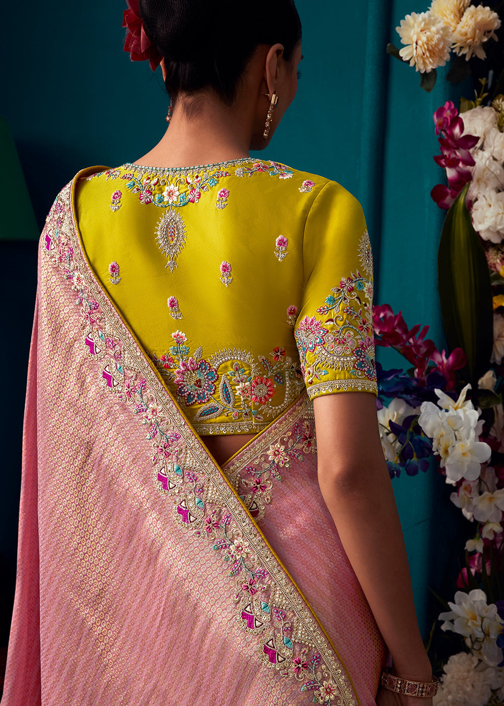 Pinkish Purple Woven Kanjivaram Silk Saree with Sequin,Stone,Khatli & Pearl work