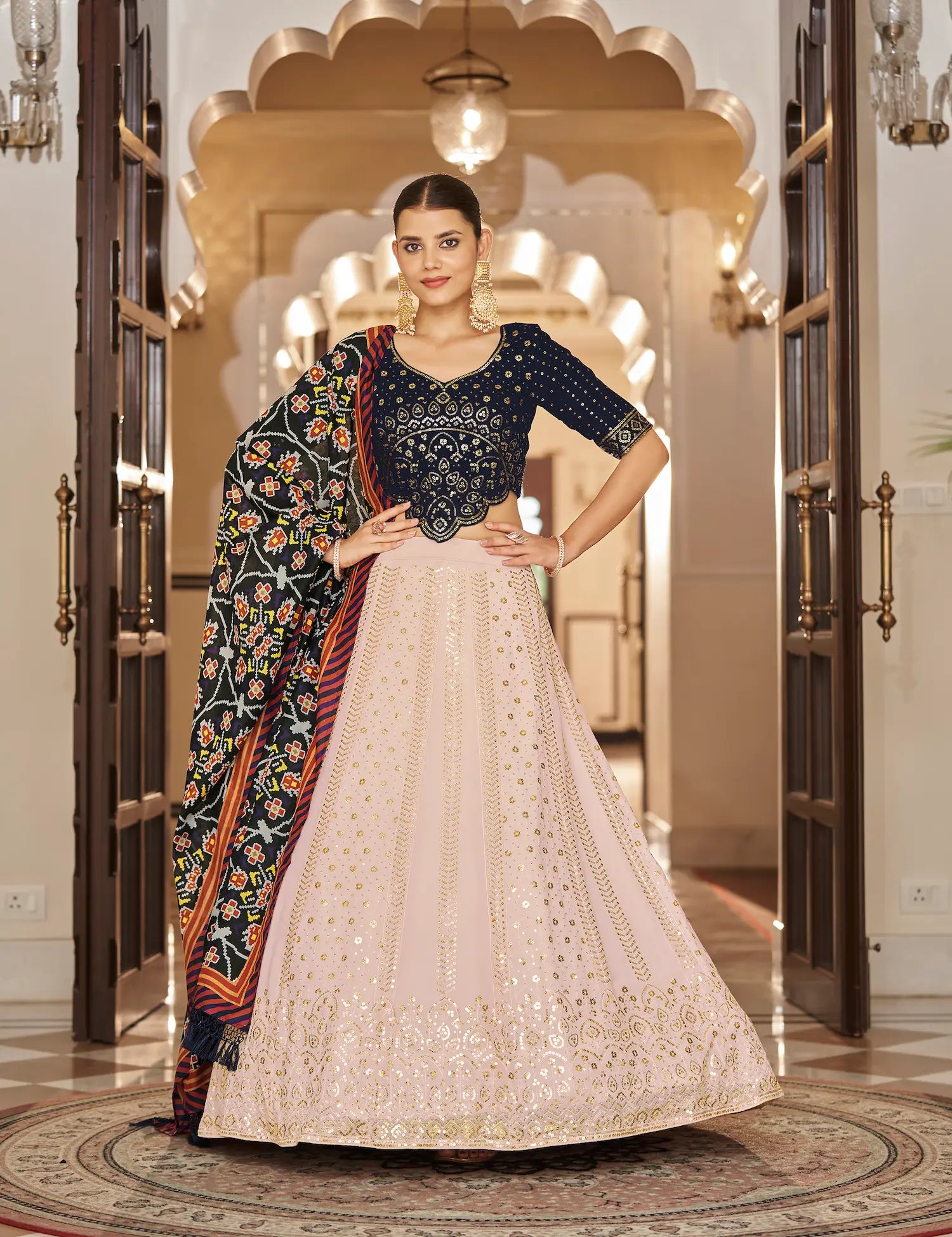 Light Pink-Navy Georgette Thread with Sequence Embroidery Work Lehenga Choli | Ready To Wear - qivii