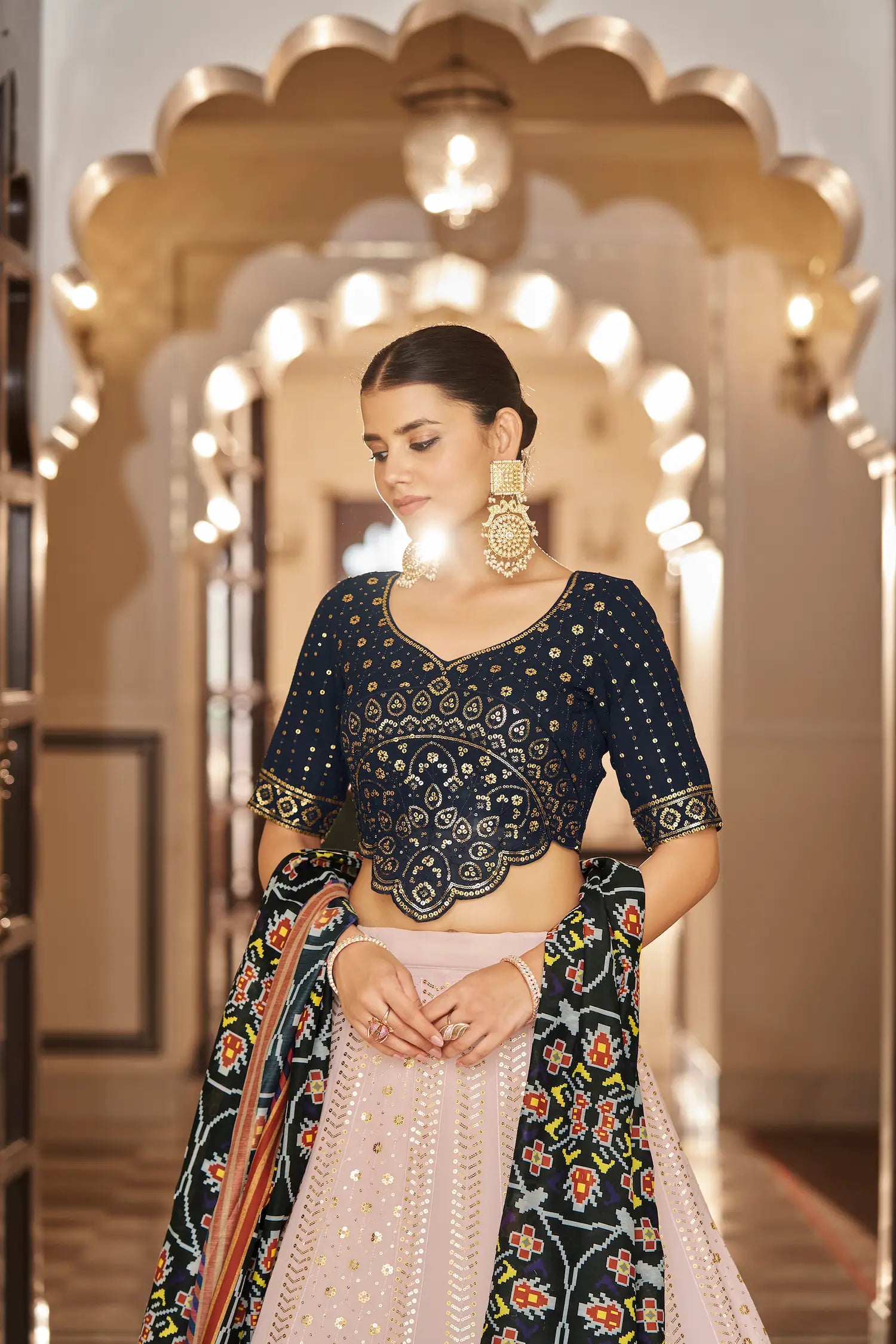 Light Pink-Navy Georgette Thread with Sequence Embroidery Work Lehenga Choli | Ready To Wear - qivii