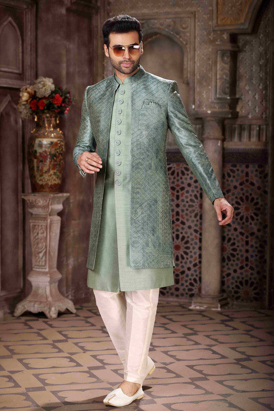Men's Art Silk Embroidery Work 3 Pcs Indo Jacket Set In Green Colour