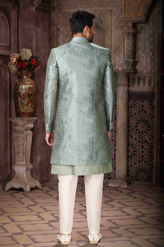 Men's Art Silk Embroidery Work 3 Pcs Indo Jacket Set In Green Colour