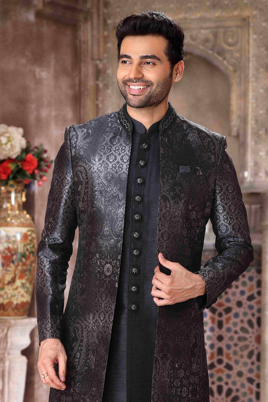 Men's Art Silk Embroidery Work 3 Pcs Indo Jacket Set In Black Colour