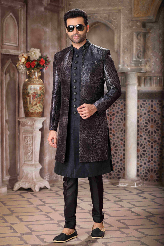 Men's Art Silk Embroidery Work 3 Pcs Indo Jacket Set In Black Colour