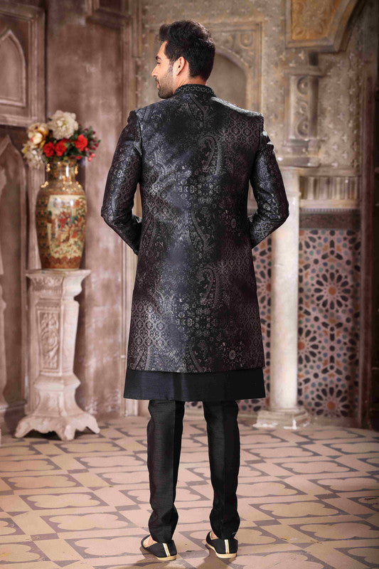 Men's Art Silk Embroidery Work 3 Pcs Indo Jacket Set In Black Colour