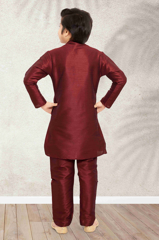 Boy's Maroon Art Banarasi Silk Solid Kurta Set