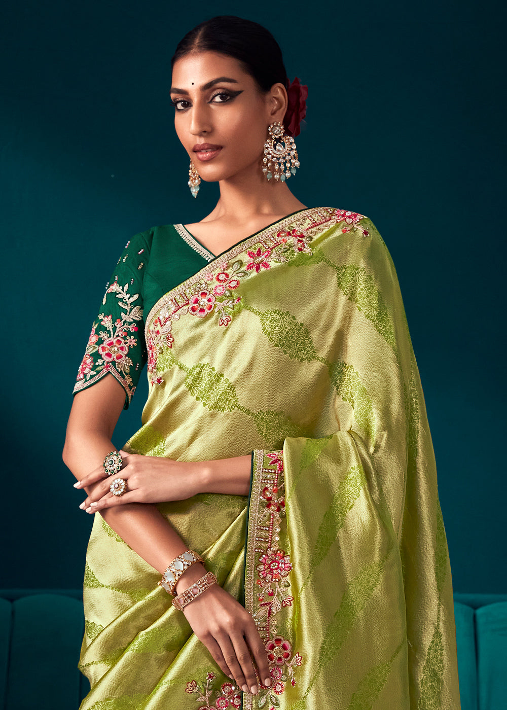 Shades Of Green Woven Kanjivaram Silk Saree with Sequin,Stone,Khatli & Pearl work