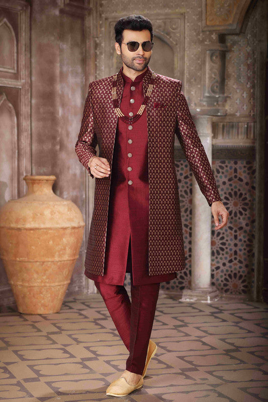 Men's Banarasi Jacquard And Art Silk Embroidery Work 3 Pcs Indo Jacket Set In Wine Colour