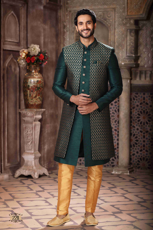 Men's Banarasi Jacquard And Art Silk Embroidery Work 3 Pcs Indo Jacket Set In Green Colour