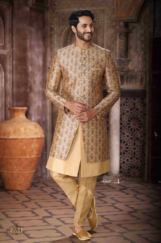 Men's Art Silk Embroidery Work 3 Pcs Indo Jacket Set In Yellow And Beige Colour