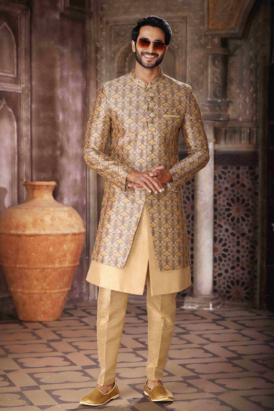 Men's Art Silk Embroidery Work 3 Pcs Indo Jacket Set In Yellow And Beige Colour