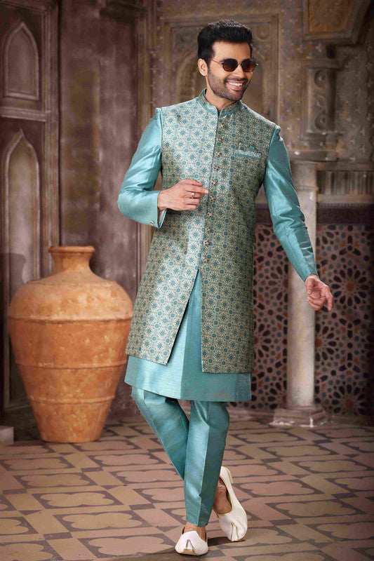 Men's Art Silk Embroidery Work 3 Pcs Indo Jacket Set In Sky Blue Colour