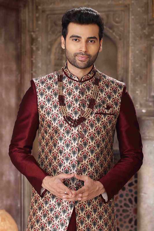 Men's Art Silk Embroidery Work 3 Pcs Indo Jacket Set In Maroon And Wine Colour