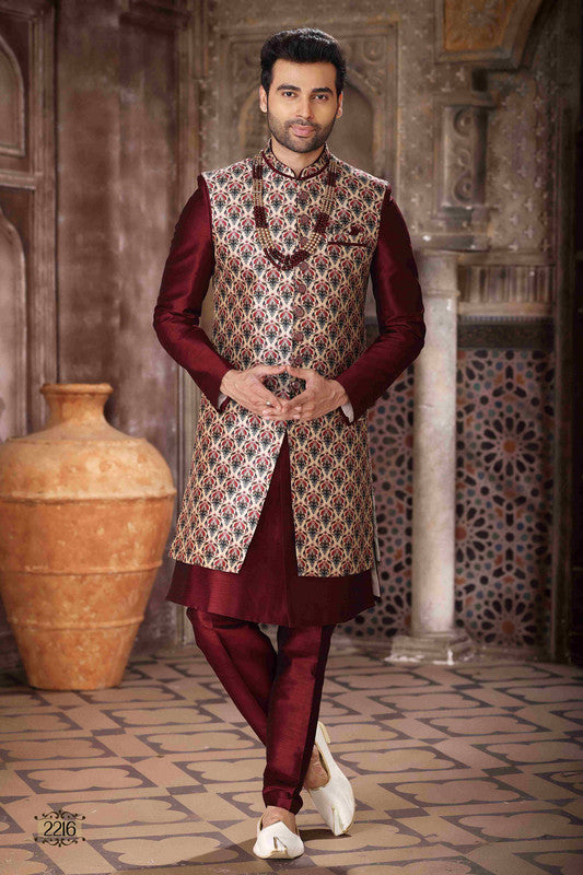Men's Art Silk Embroidery Work 3 Pcs Indo Jacket Set In Maroon And Wine Colour