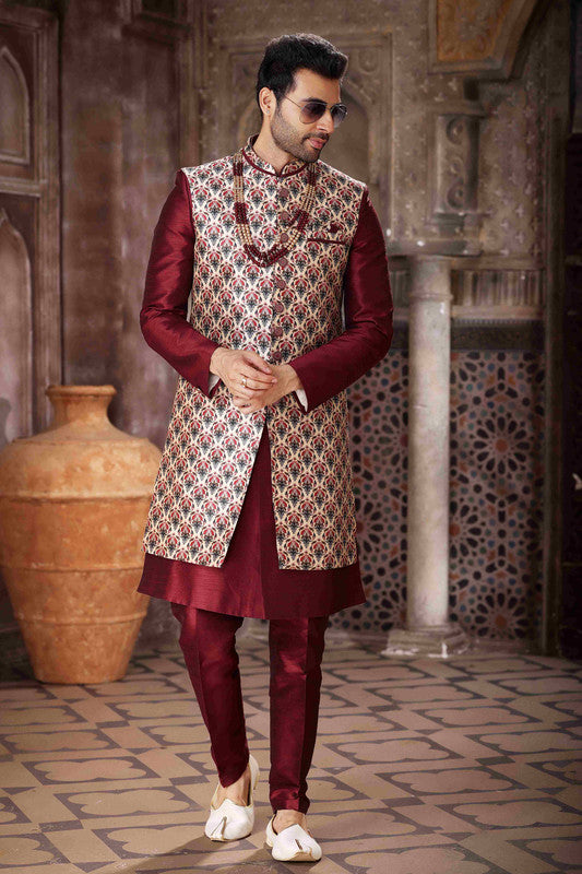 Men's Art Silk Embroidery Work 3 Pcs Indo Jacket Set In Maroon And Wine Colour