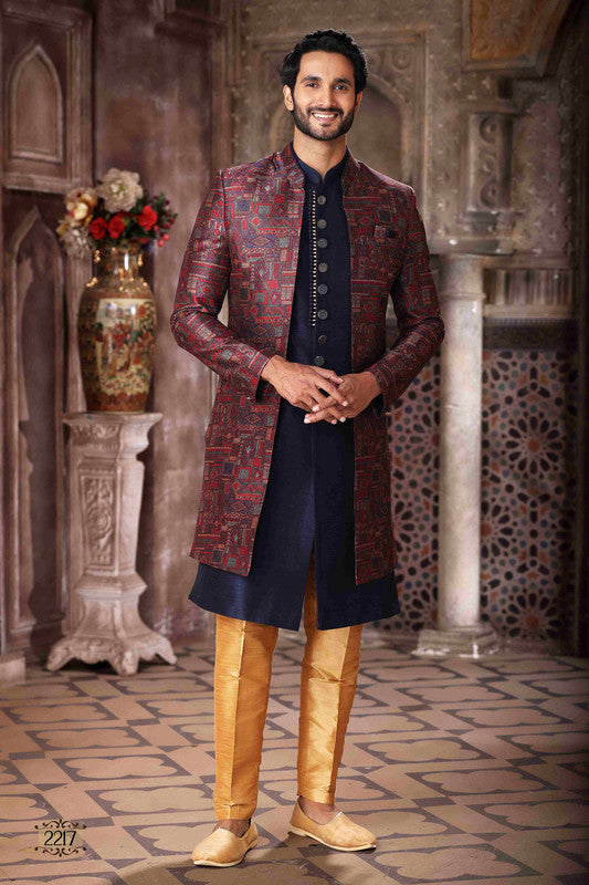 Men's Art Silk Embroidery Work 3 Pcs Indo Jacket Set In Maroon And Blue Colour