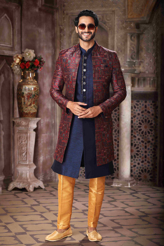 Men's Art Silk Embroidery Work 3 Pcs Indo Jacket Set In Maroon And Blue Colour