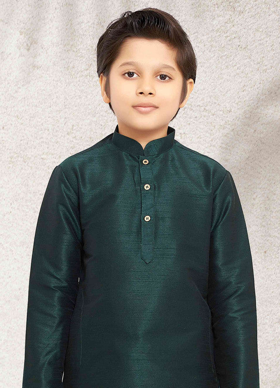 Boy's Green Art Banarasi Silk Solid Kurta Set