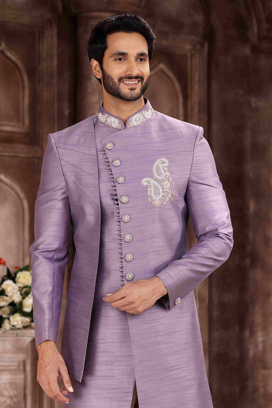 Men's Art Silk Embroidery Work Sherwani In Lavender Colour