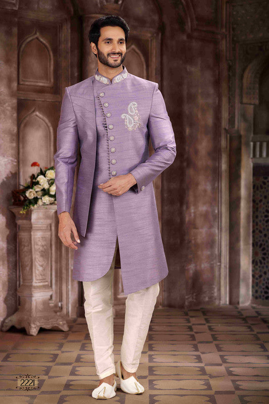 Men's Art Silk Embroidery Work Sherwani In Lavender Colour