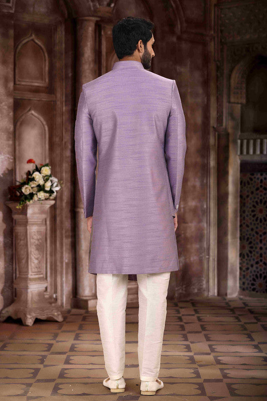 Men's Art Silk Embroidery Work Sherwani In Lavender Colour