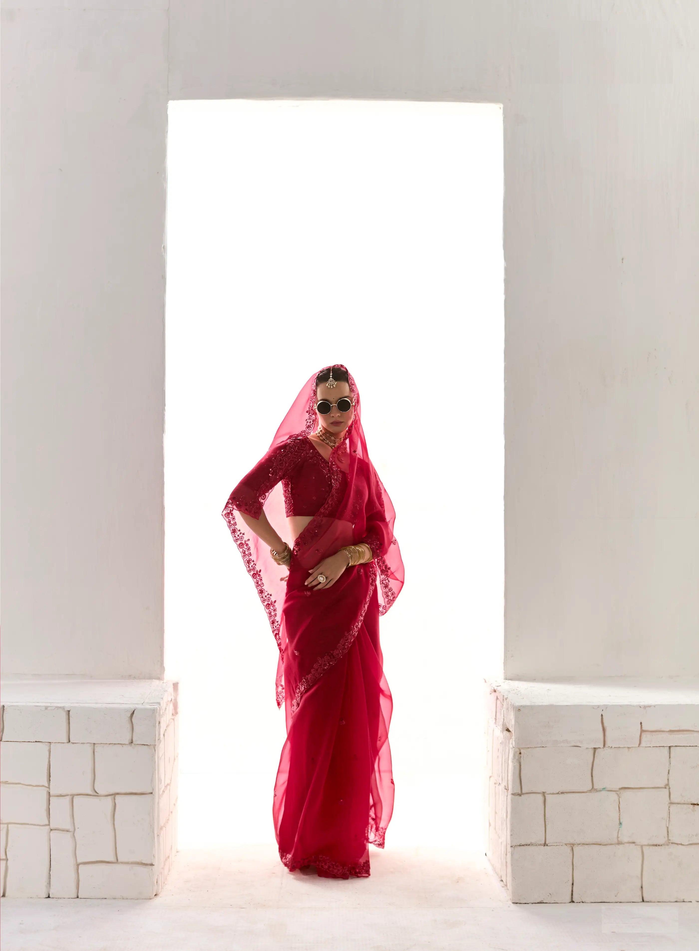 Red Organza Saree Blouse With Heavy Embroidery work