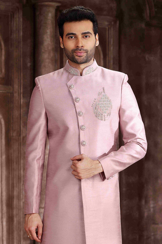 Men's Art Silk Embroidery Work Sherwani In Sky Blue Colour