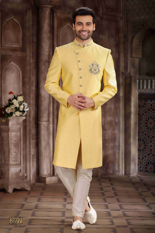 Men's Art Silk Embroidery Work Sherwani In Yellow Colour