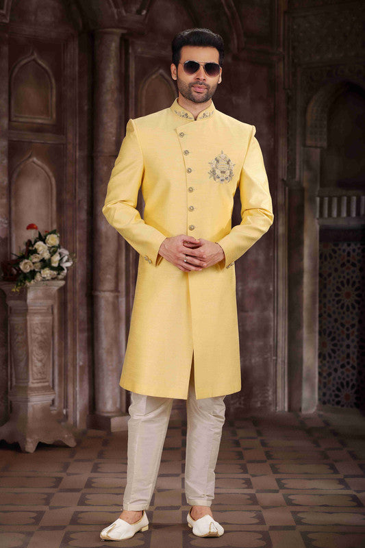 Men's Art Silk Embroidery Work Sherwani In Yellow Colour