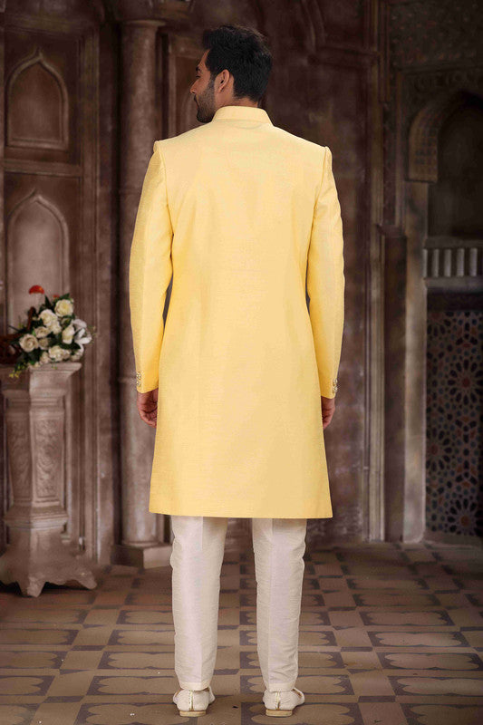 Men's Art Silk Embroidery Work Sherwani In Yellow Colour