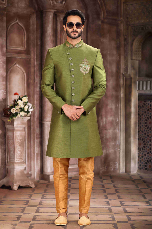 Men's Art Silk Embroidery Work Sherwani In Green Colour