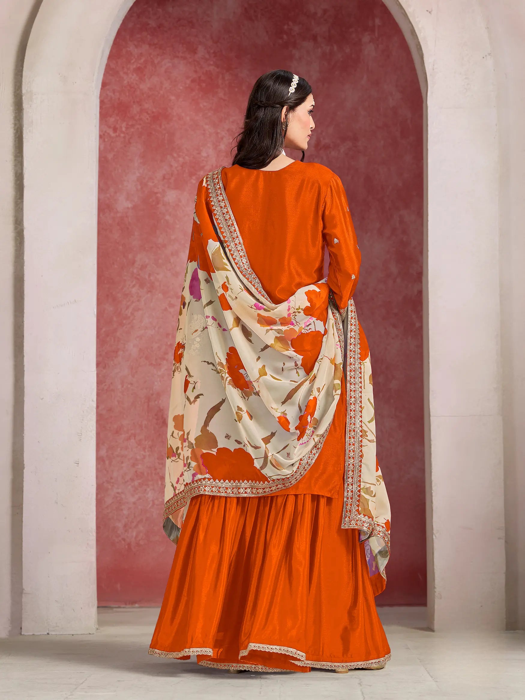 Orange Chinon Embroidery Salwar suit With Organza Dupatta - qivii