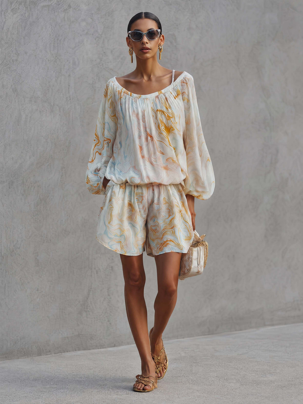 Elegant Urban Print White Chiffon Set  - By Qivii