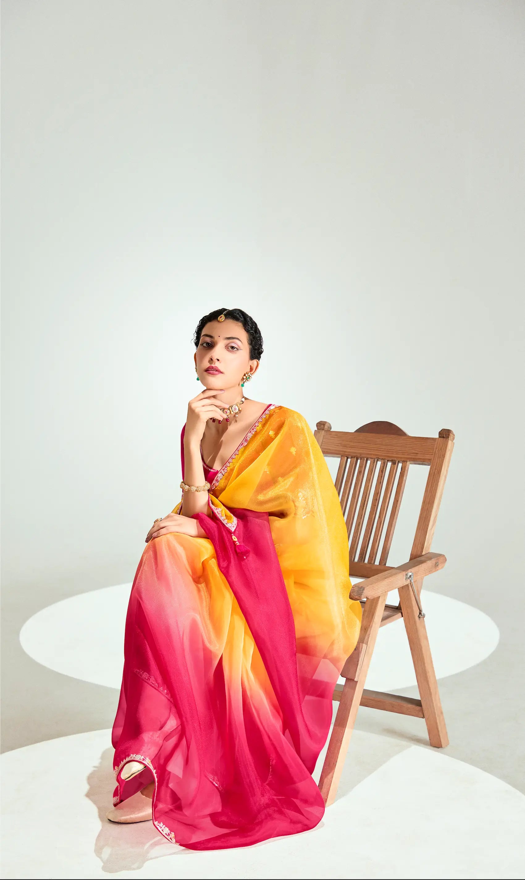 Red-Honey Yellow Organza Embroidery Saree - qivii