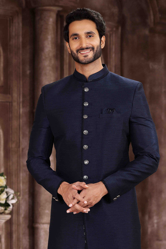 Men's Art Silk Embroidery Work Sherwani In Blue Colour