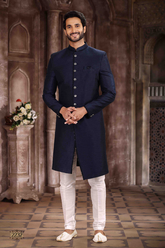 Men's Art Silk Embroidery Work Sherwani In Blue Colour