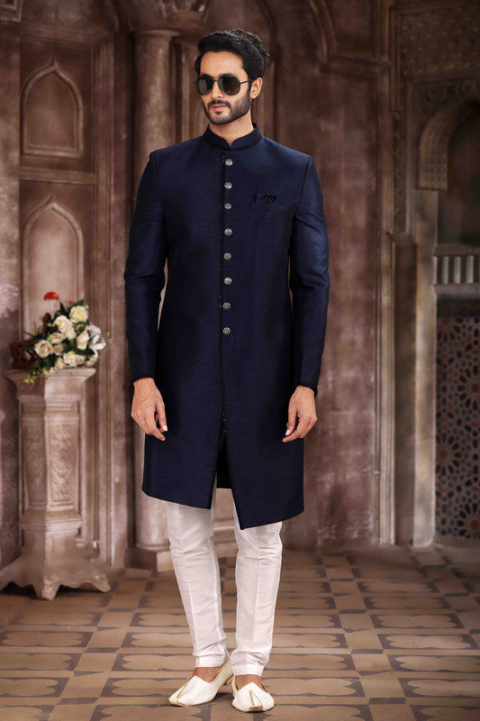 Men's Art Silk Embroidery Work Sherwani In Blue Colour