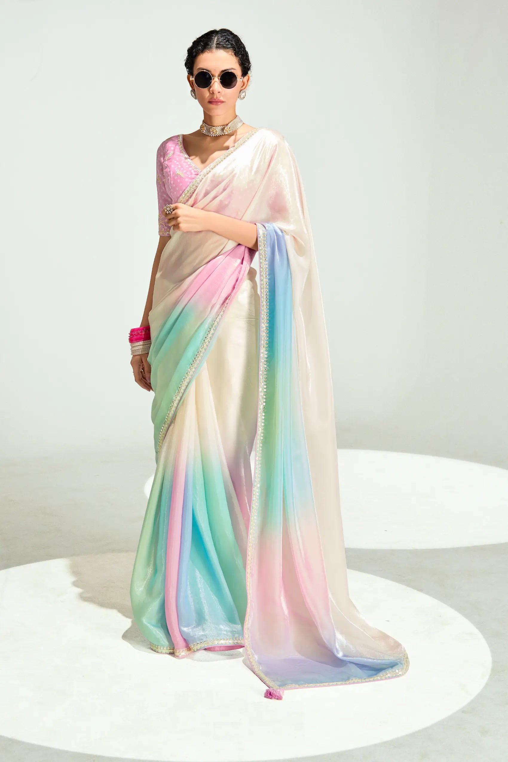 Beige-Multicolor Organza Embroidery Saree - qivii