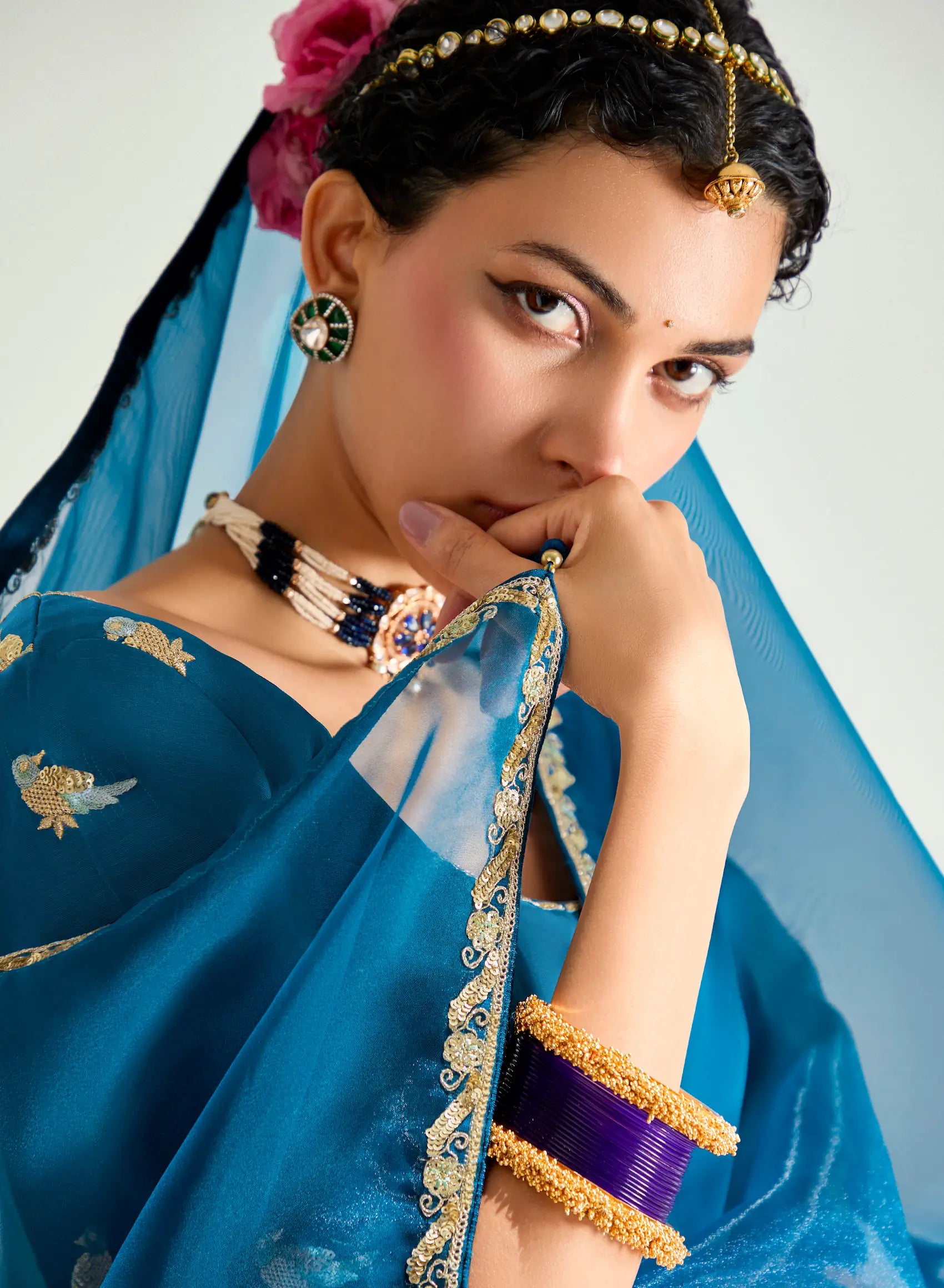 Peacock Blue-Grape Purple Organza Embroidery Saree - qivii