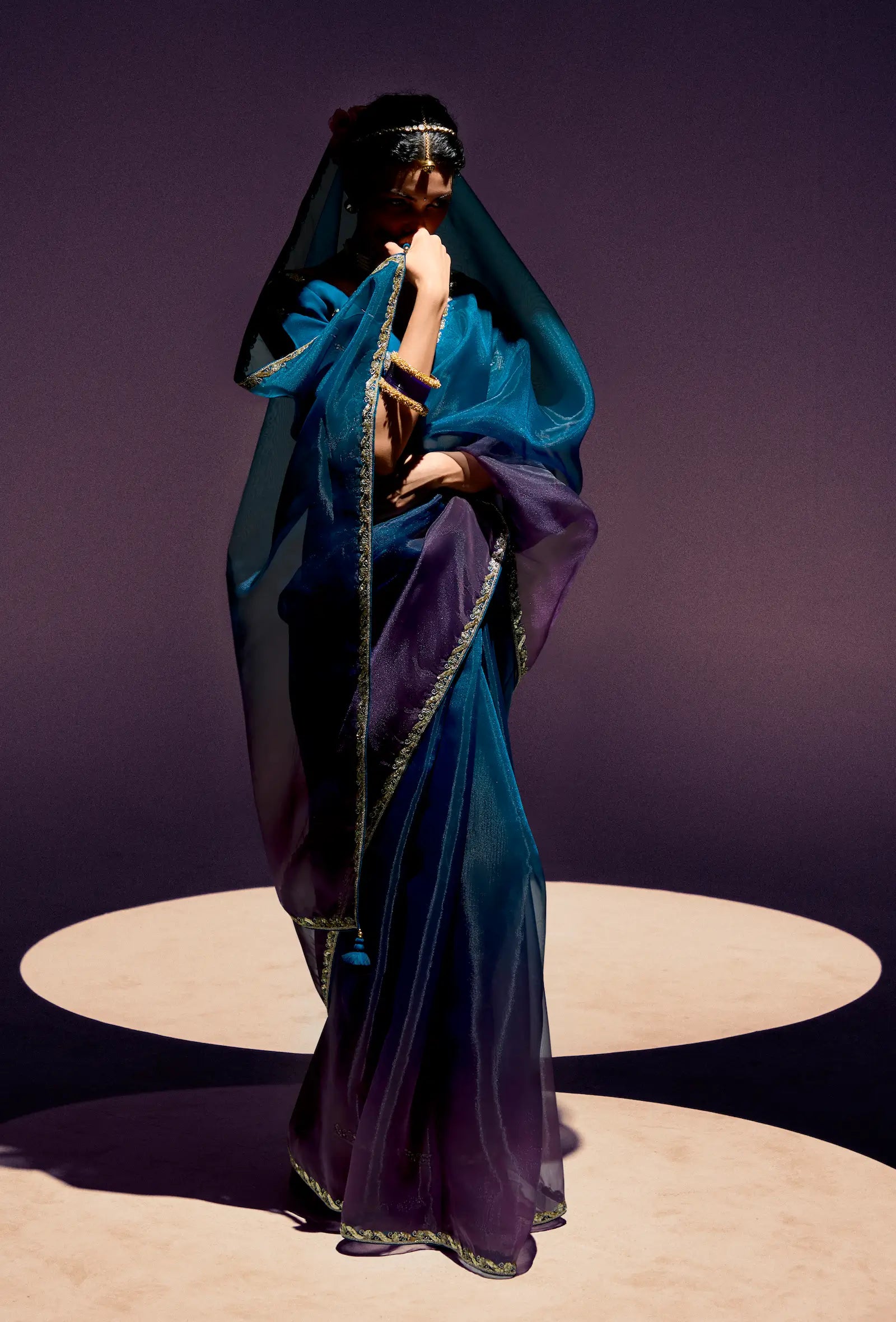 Peacock Blue-Grape Purple Organza Embroidery Saree - qivii