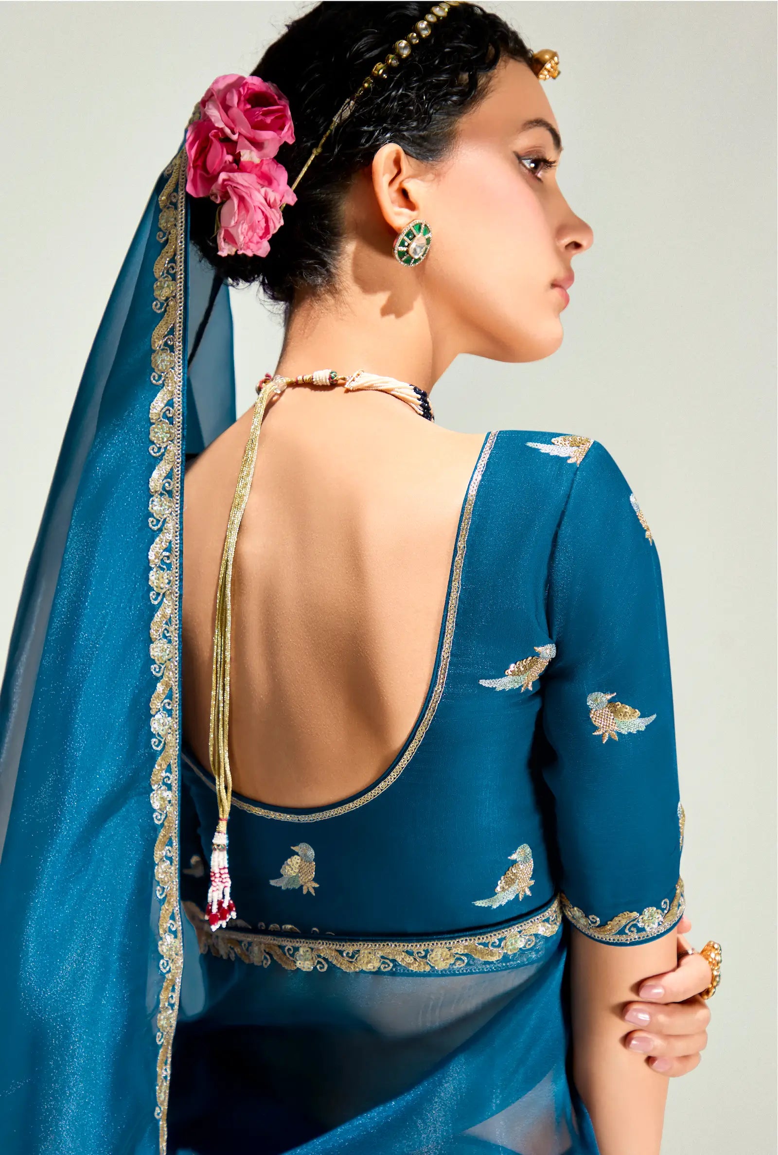 Peacock Blue-Grape Purple Organza Embroidery Saree - qivii