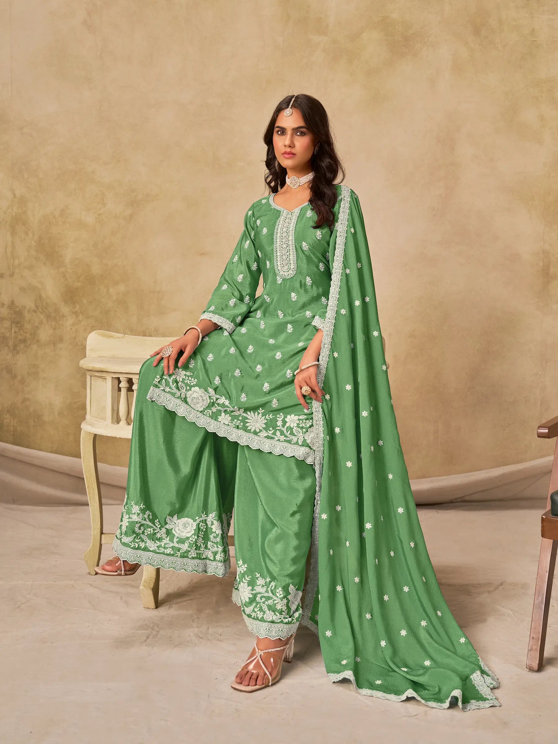Pista Green Chinon Embroidery Work Palazzo Suit - qivii