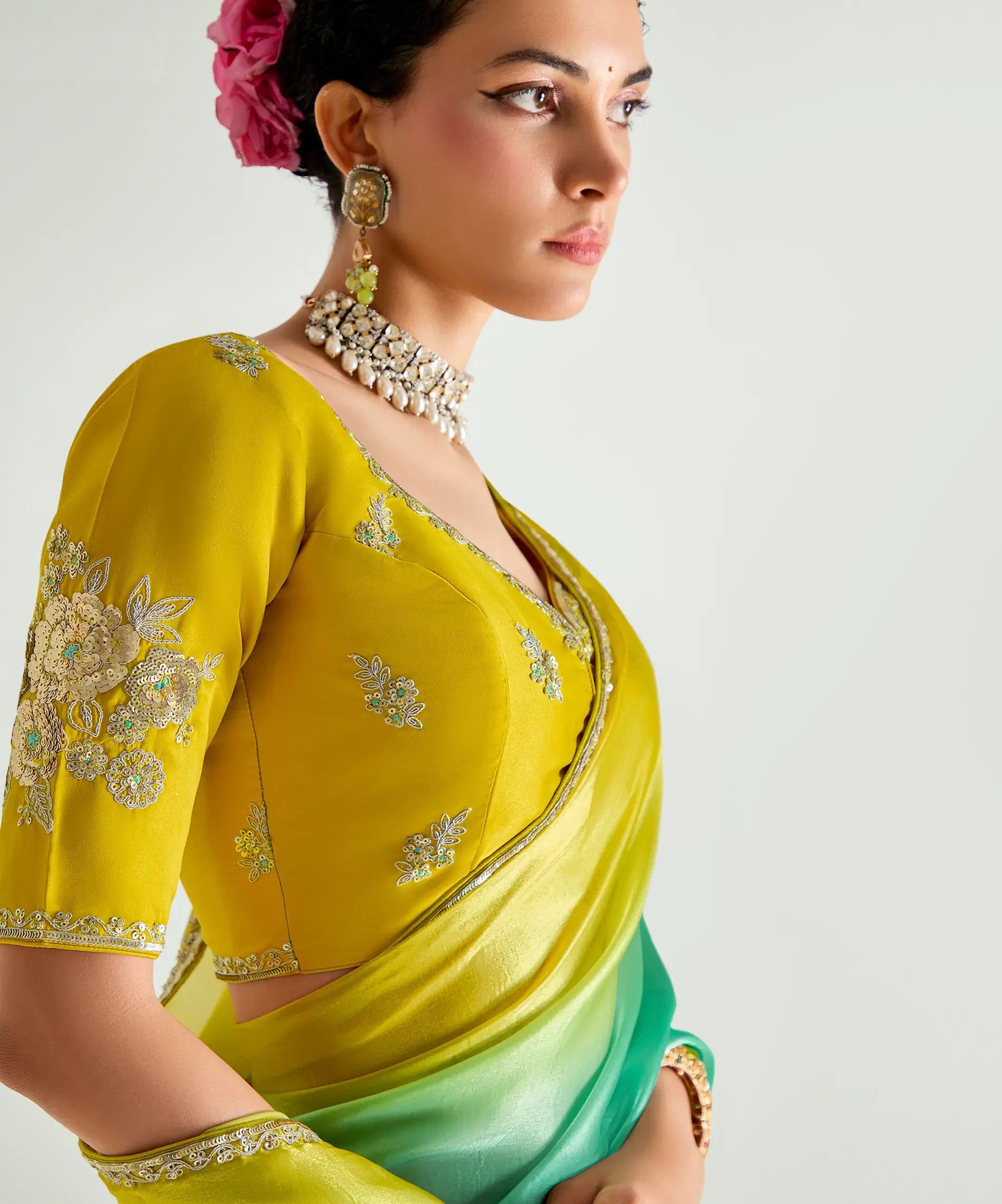 Lime Yellow-Turquoise Green Organza Embroidery Saree - qivii
