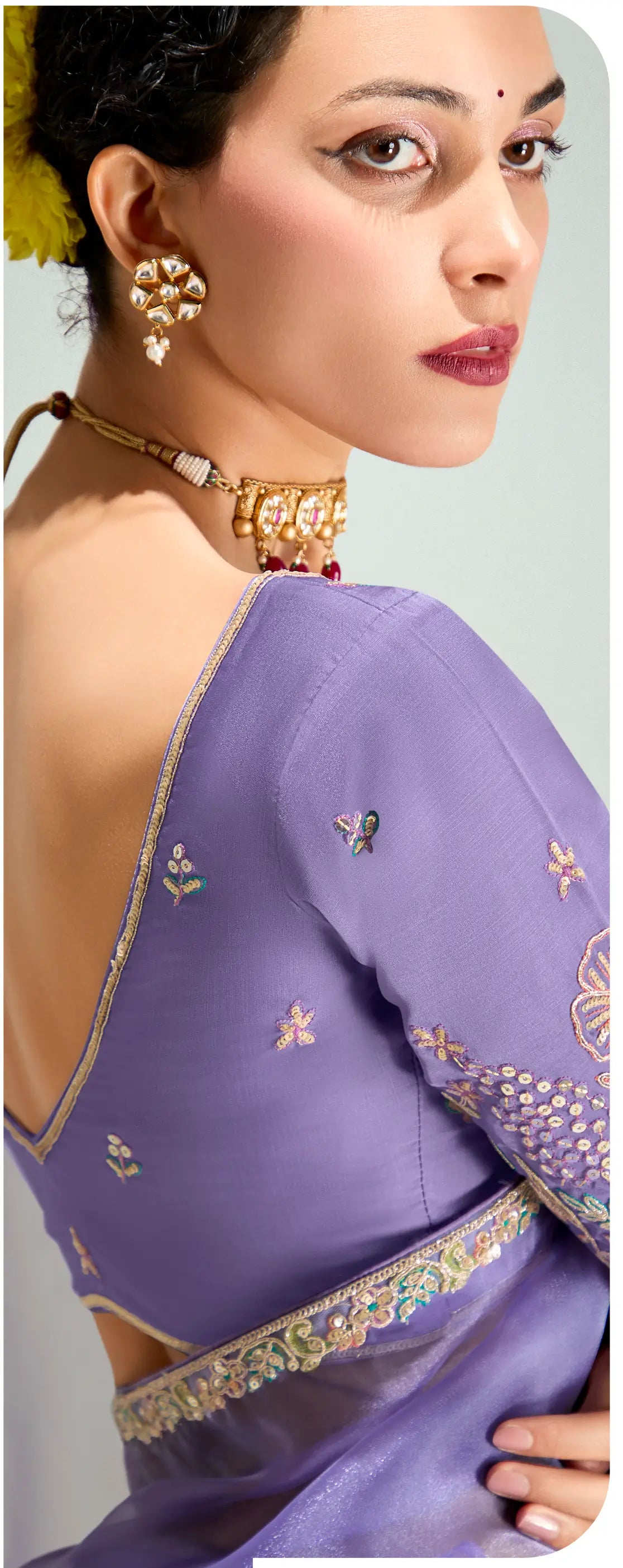 Lavender-Magenta Pink Organza Embroidery Saree - qivii