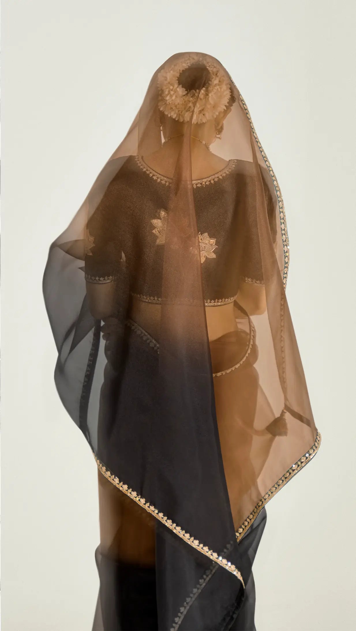 Black-Bear Brown Organza Embroidery Saree - qivii