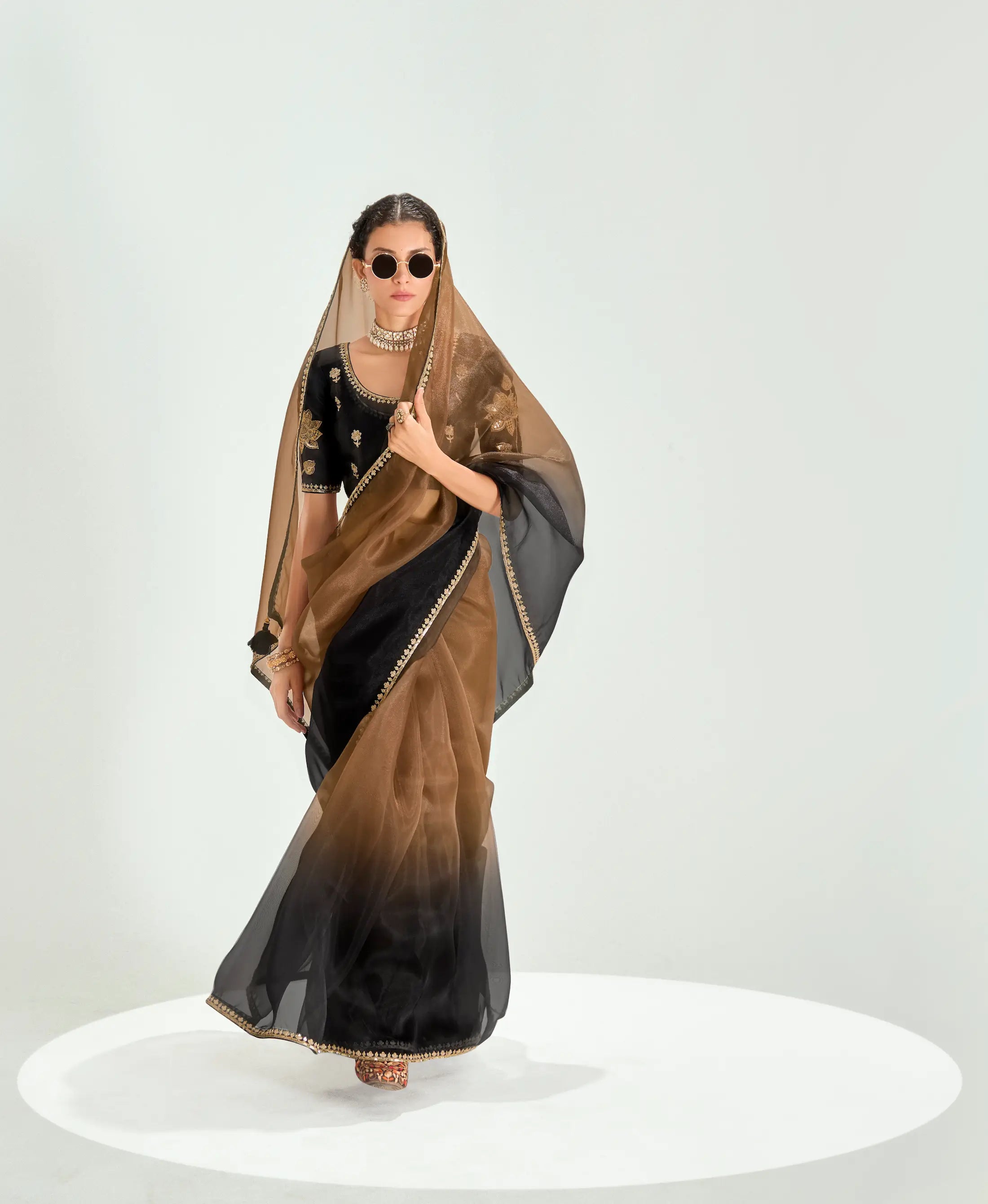 Black-Bear Brown Organza Embroidery Saree - qivii