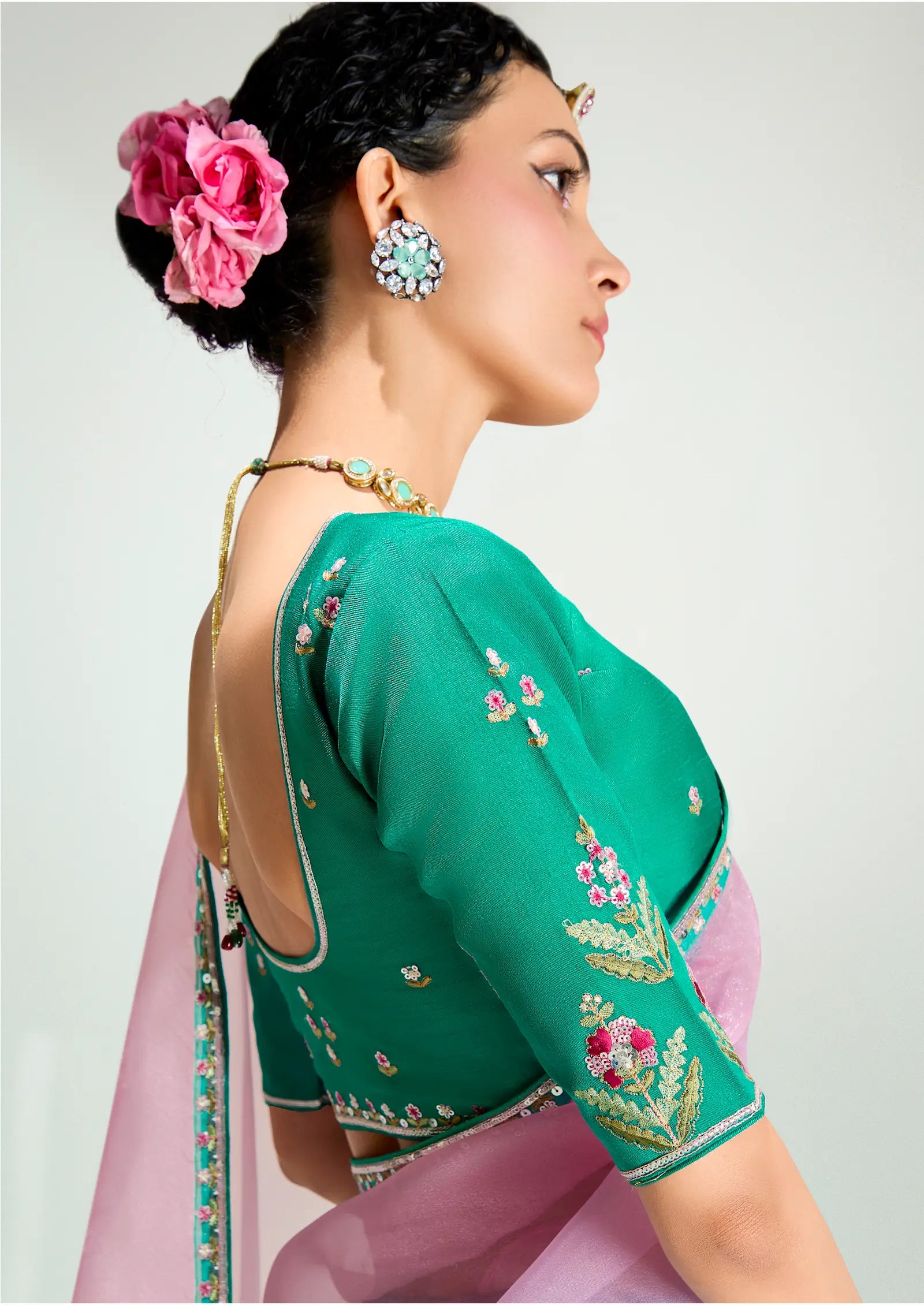 Teal Green-Powder Pink Organza Embroidery Saree - qivii