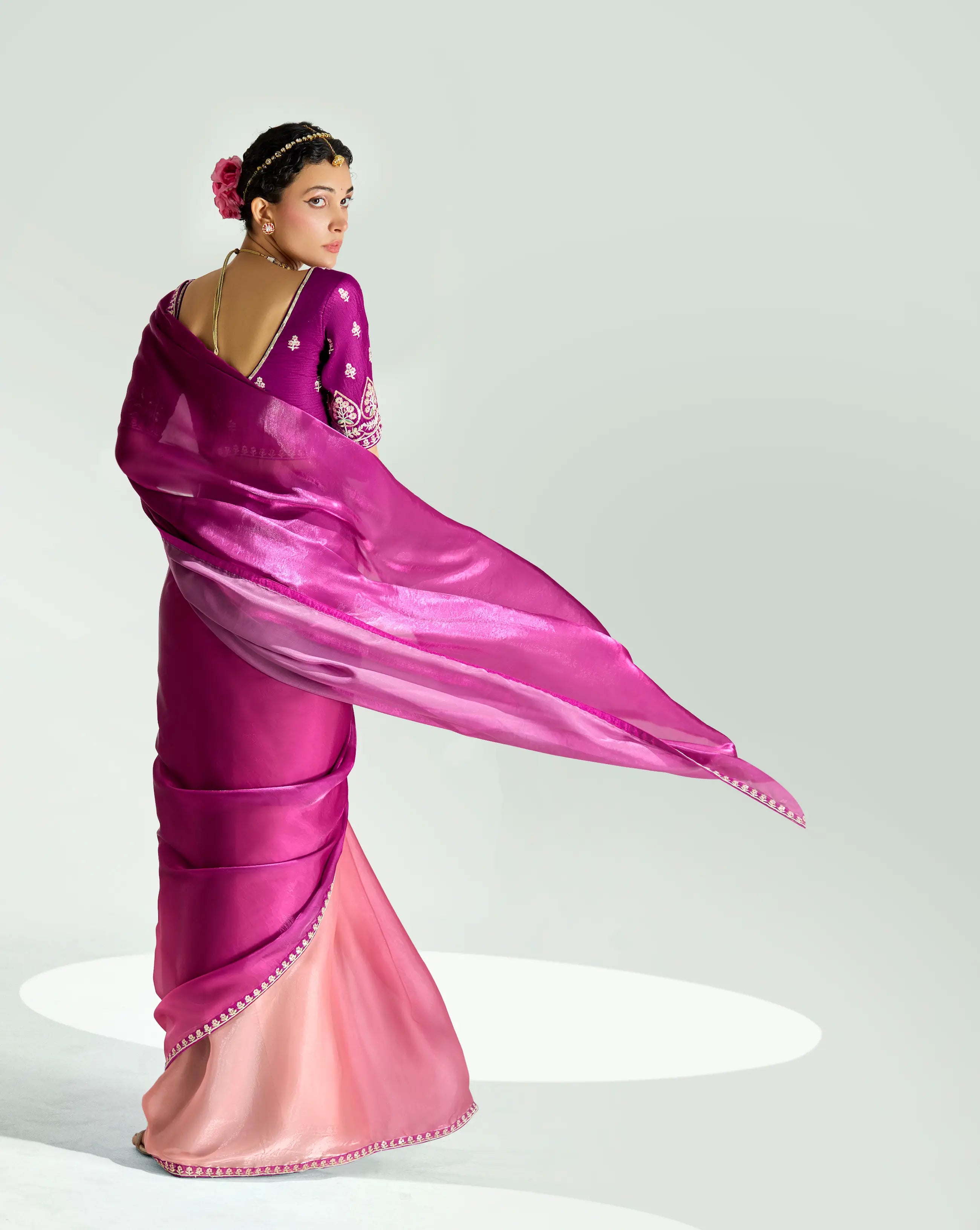 Dark Purple-Tulip Pink  Organza Embroidery Saree - qivii